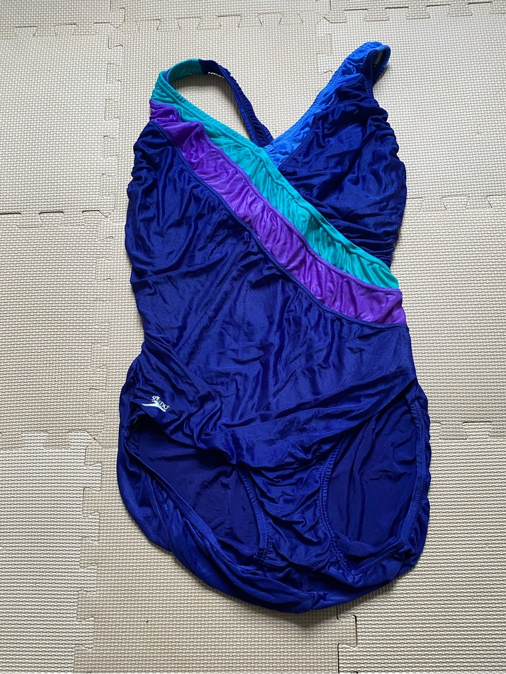 Vintage Speedo One-Piece Blue Swimsuit with Teal & Purple Stripes Size 14